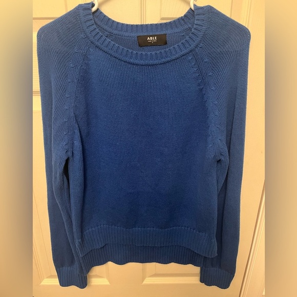 Able Lily Pullover Ribbed Knit Step Hem 100% Organic Cotton Blue Sweater Small - Picture 4 of 8